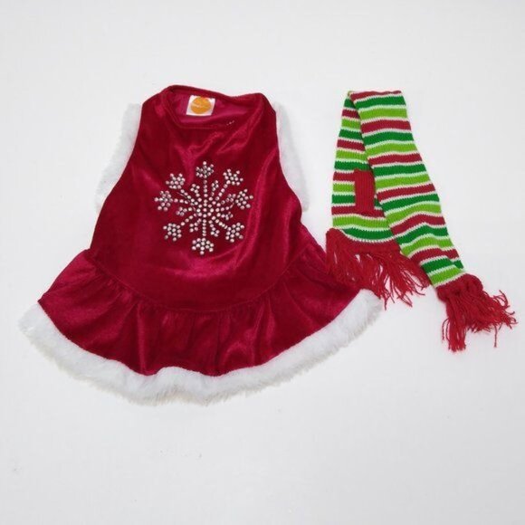 Simple Dog Christmas Outfits Small Dog Puffer Hoodie Snowflake Skirt Scarfs EUC - Picture 2 of 15